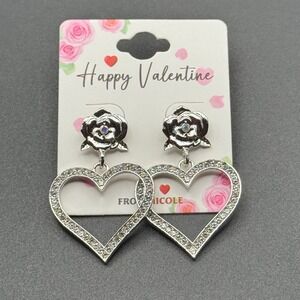 Happy Valentine Rose Heart Dangle Earrings Rhinestone Sparkle Drop Earrings